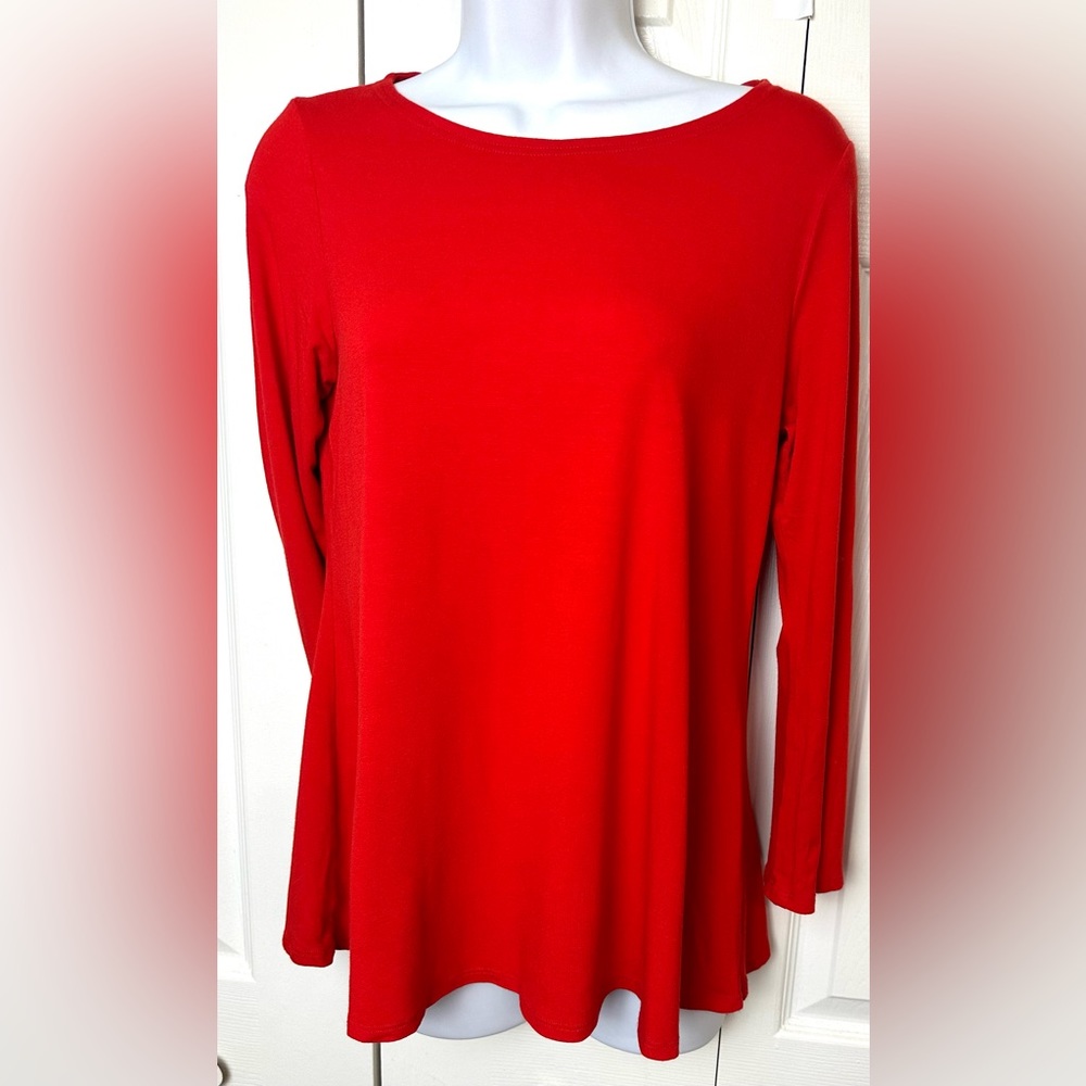 EILEEN FISHER Jersey Knit Jewel Neck Top Tee Blouse Tomato Red Layering R17VF